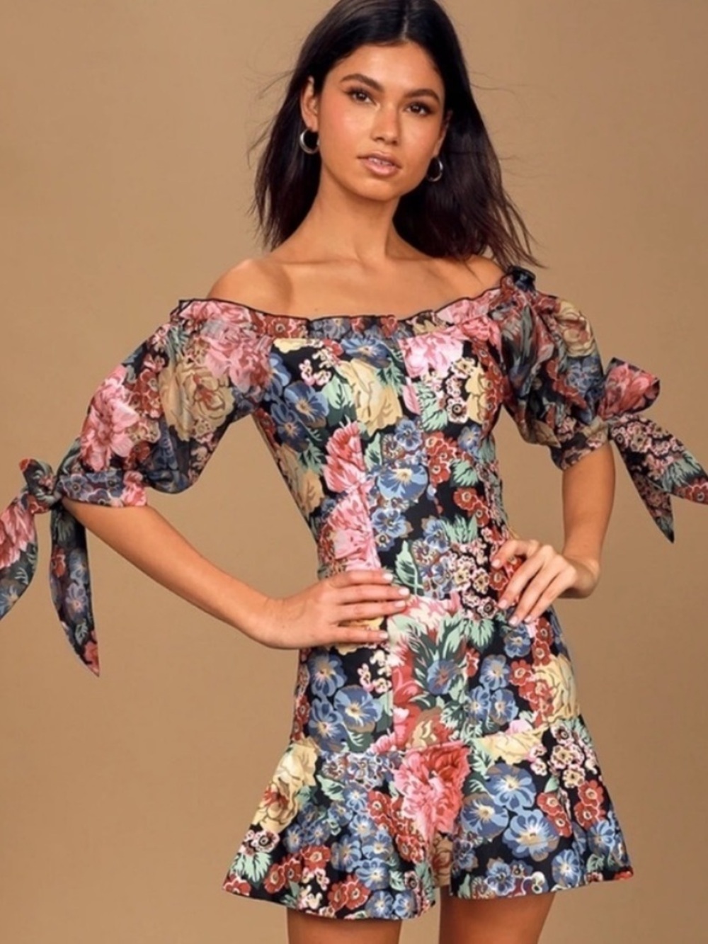KEEPSAKE the Label Black Multi Floral Off-Shoulder mini dress dark croquette